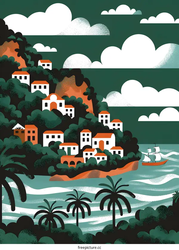 Coastal Town Illustration with Palm Trees and a Sailboat