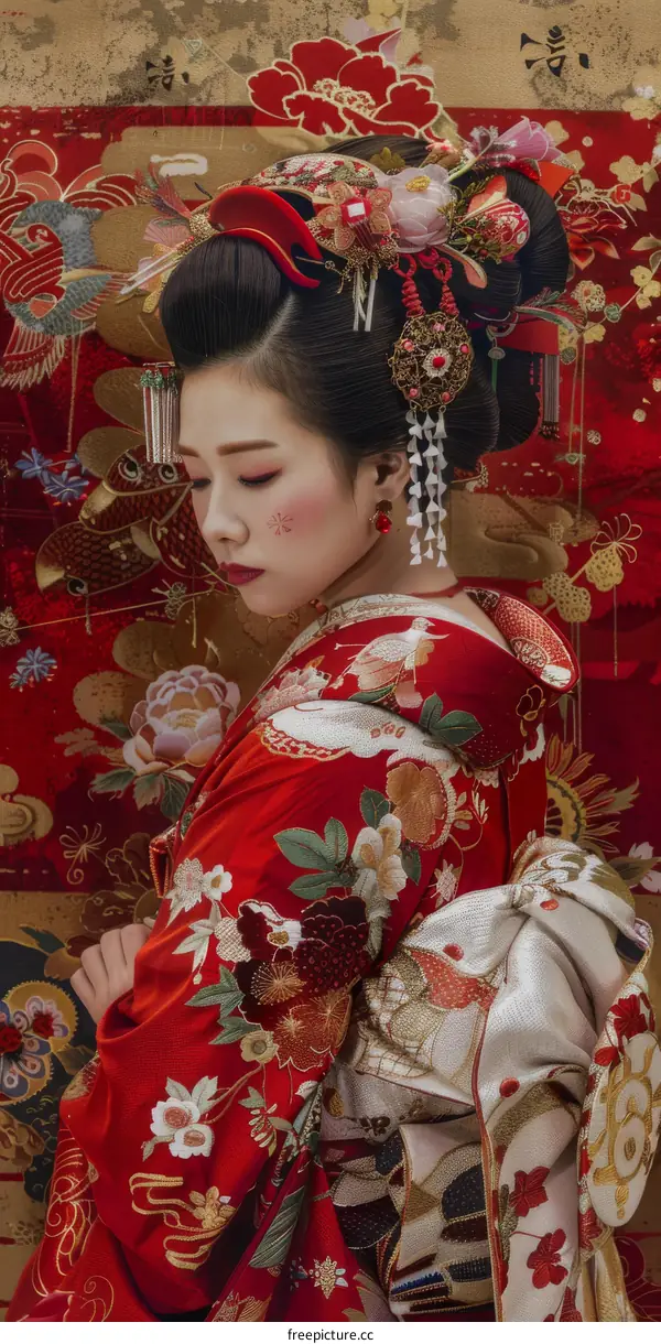 Japanese Bride in Traditional Red Kimono