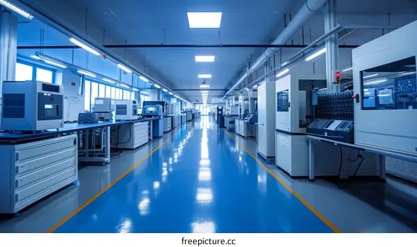 Modern Lab Interior with Blue Epoxy Resin Floor and White Equipment