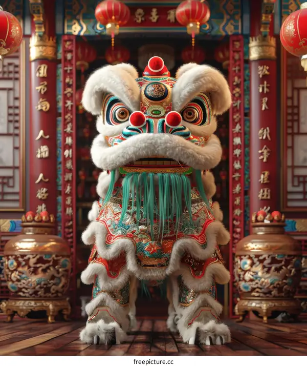 Chinese Lion Statue in Front of Traditional Building