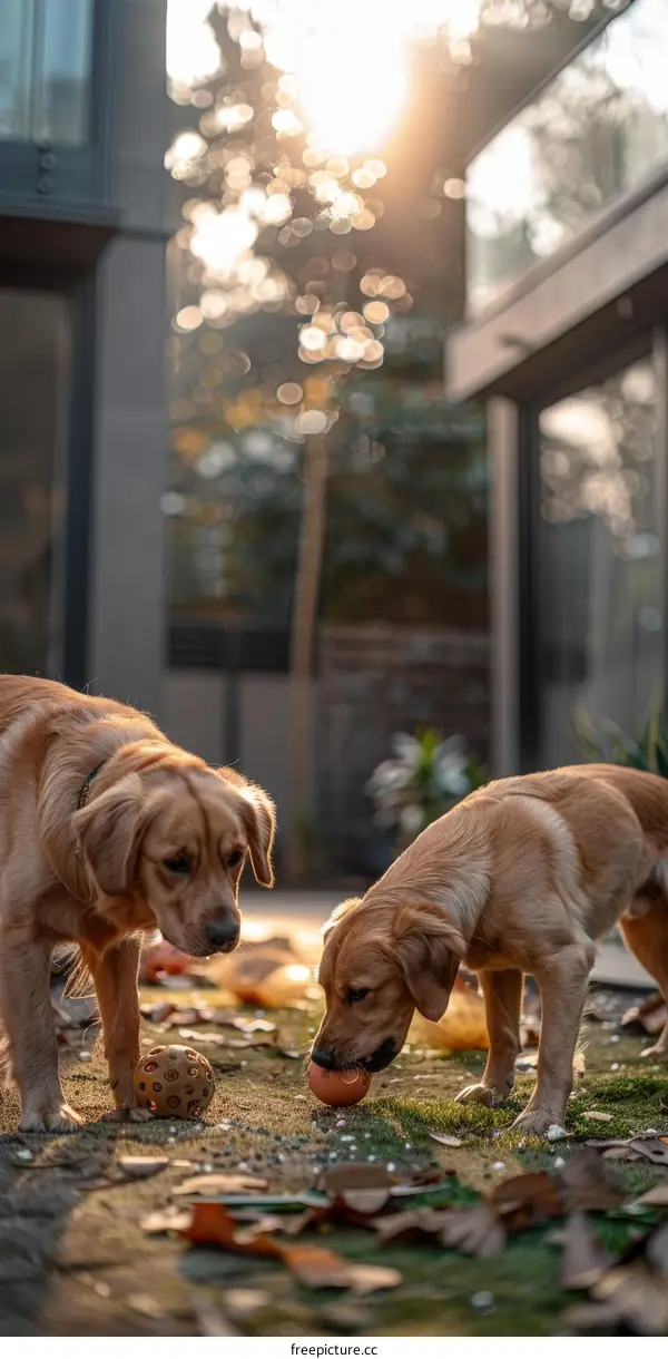 Two Golden Retrievers Playing with a Ball