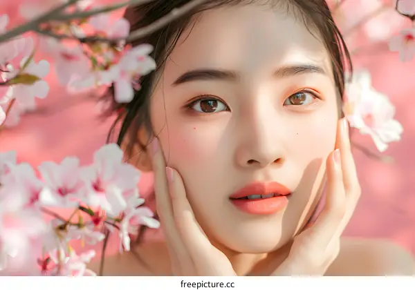 Portrait of Young Asian Woman with Cherry Blossoms