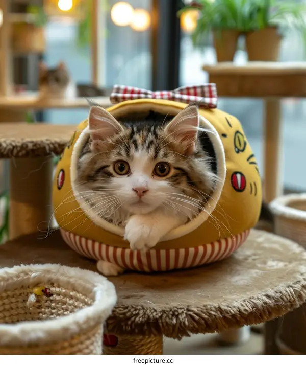 A cute tabby kitten in a yellow and red striped cat bed
