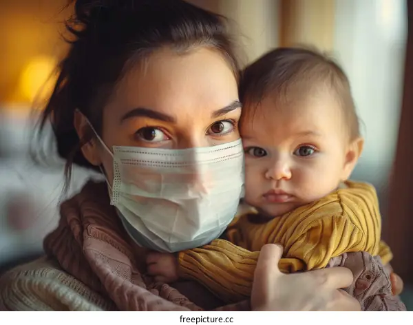 Mother and baby wearing surgical masks