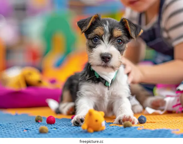 Little kid playing with a puppy on the playground