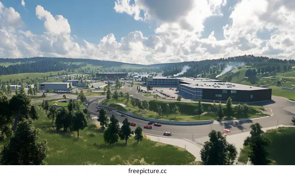 Aerial View of Race Track with Buildings and Green Hills