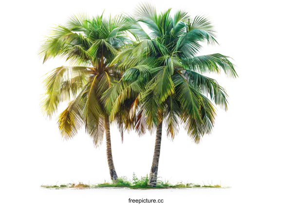 [Transparent Background PNG]Two coconut trees with green leaves isolated on white background