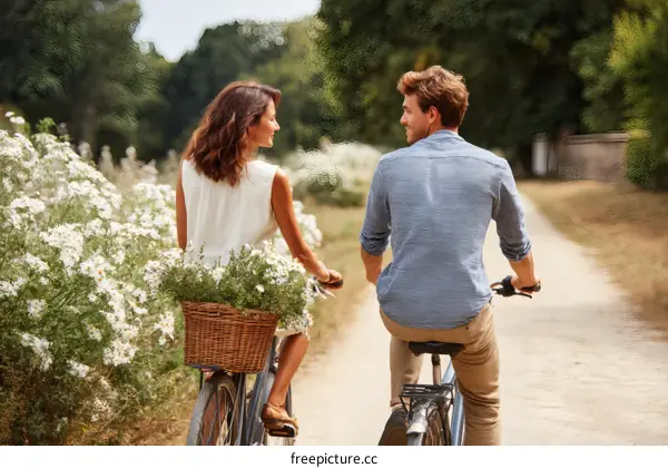 Couple Cycling Through a Field of Flowers