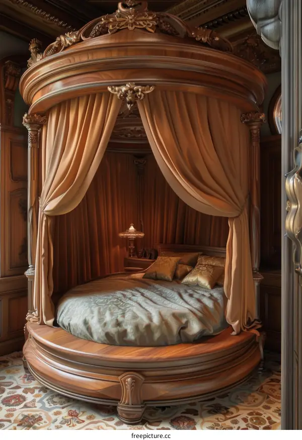 ornate wooden round bed with canopy and curtains