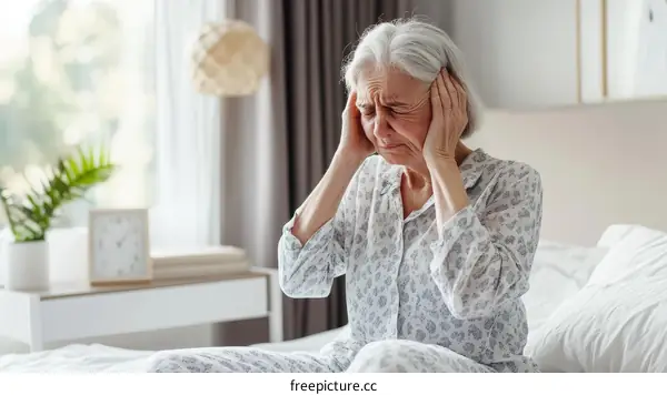 Elderly Woman Suffering from Head Pain in Bedroom