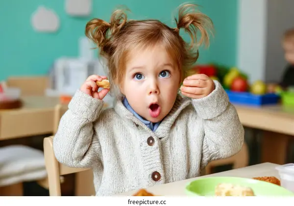 Cute Toddler Girl Eating Snack in Preschool