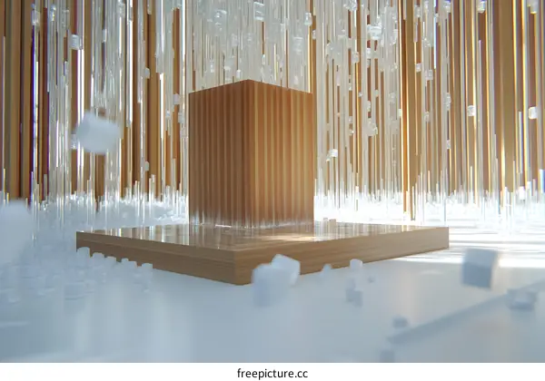 Abstract Minimalist Wooden Block and Glass Structure