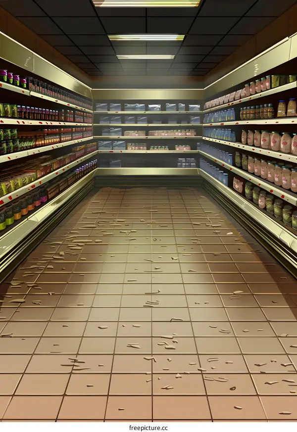 Empty Supermarket Aisle With Shelves Full Of Products