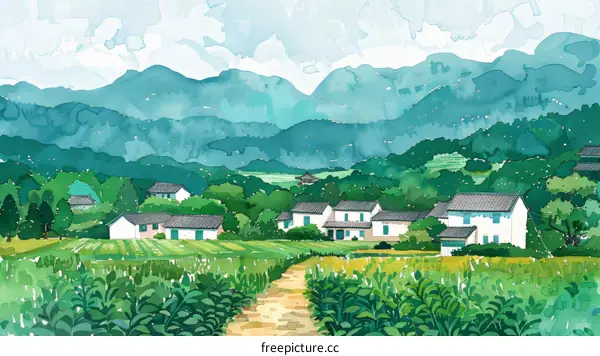 Chinese landscape painting of a village in the mountains