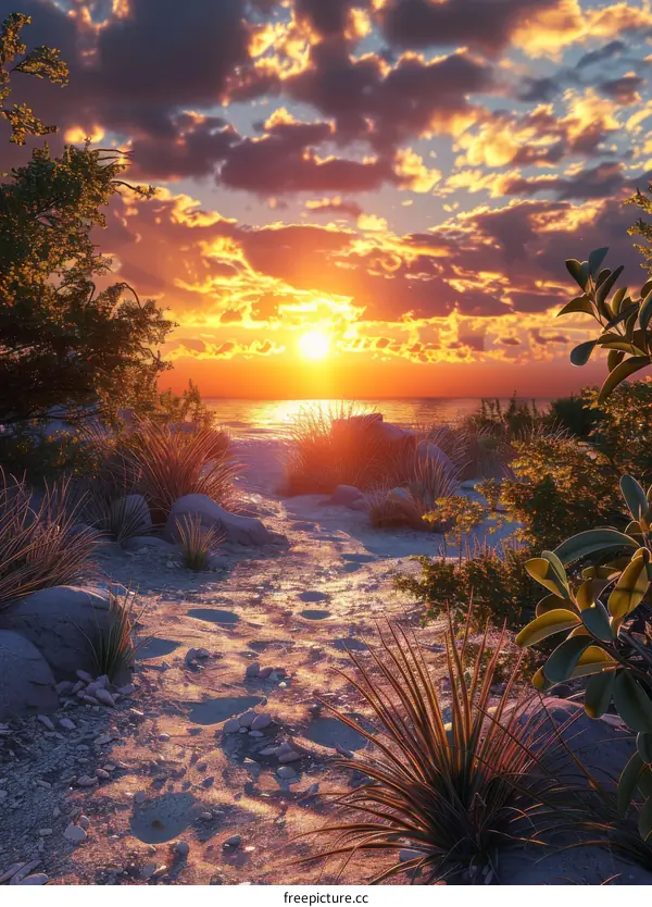 Sunset Landscape with Rocky Beach