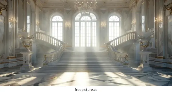 ornate hallway with marble staircase and large windows