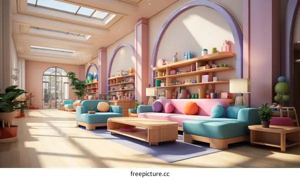 A 3D rendering of a colorful and modern living room