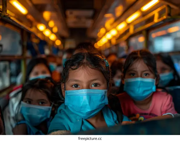Central American migrants wearing surgical masks travel on a bus in Mexico