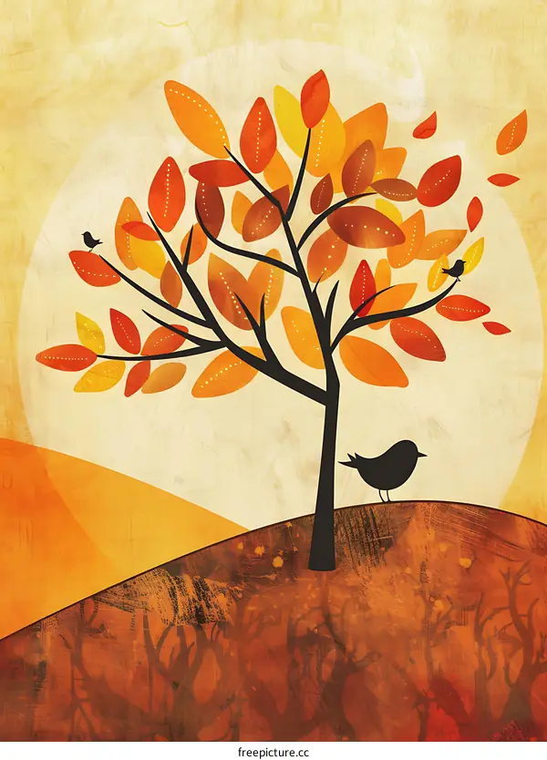Autumn Tree with Birds Illustration