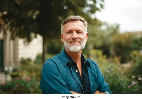 Mature man with white beard standing in green garden