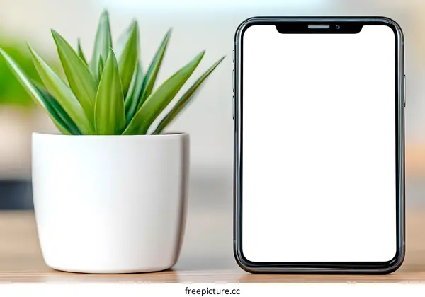 Modern Black Smartphone with White Screen and Green Plant in a Pot on a Wooden Surface