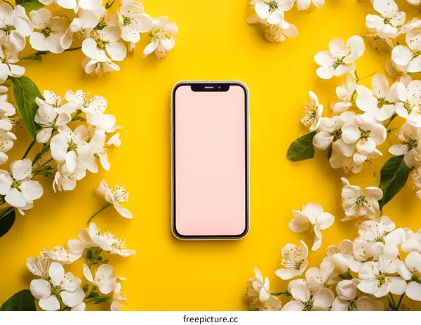 Mobile Phone with Spring Blossom on Yellow Background