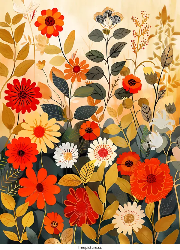 Autumn Floral Illustration With Orange Yellow Red Flowers