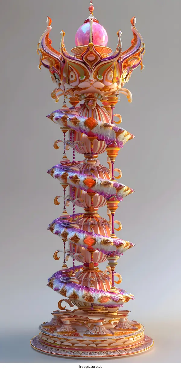 A 3D rendering of a pink and purple alien structure with intricate details.