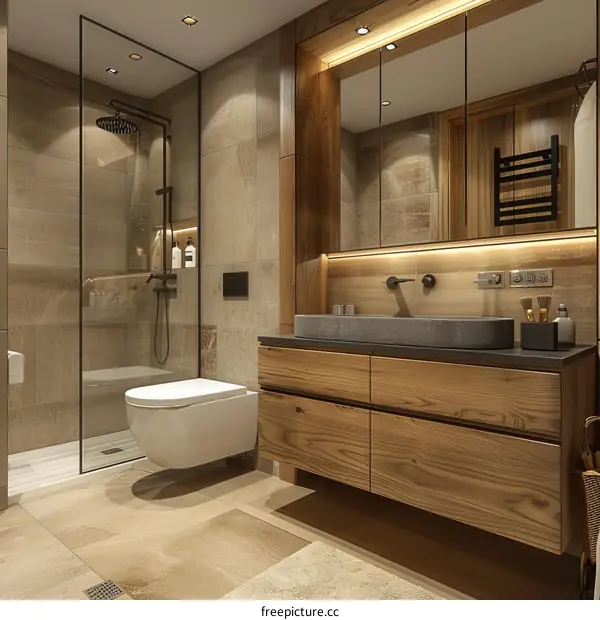 Modern Wooden Bathroom Design with Shower and Sink