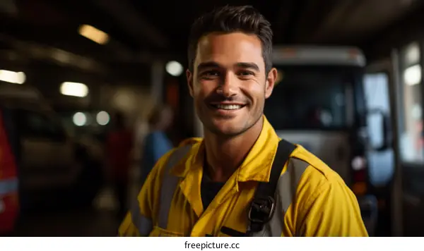 Portrait of a smiling young male firefighter in protective gear standing in front of a fire truck