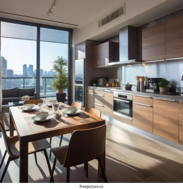 Contemporary Dining Area and City View from Walnut Kitchen