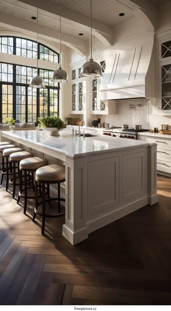Modern Farmhouse Kitchen With White Cabinets and Hardwood Flooring