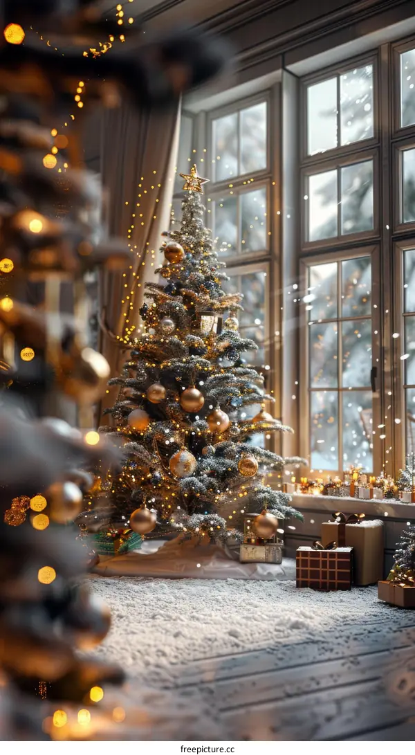 Christmas Tree in Cozy Living Room with Gifts and Snow