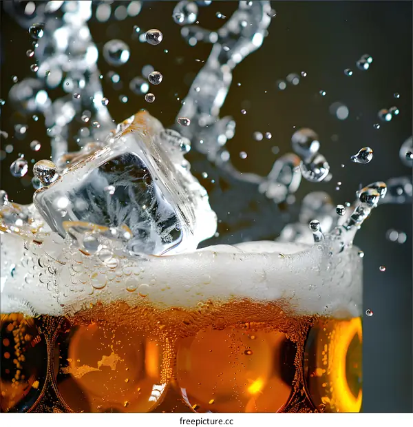 Ice Cube Splashing in Glass of Beer