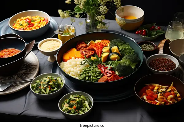 A bountiful table of colorful vegetables and grains