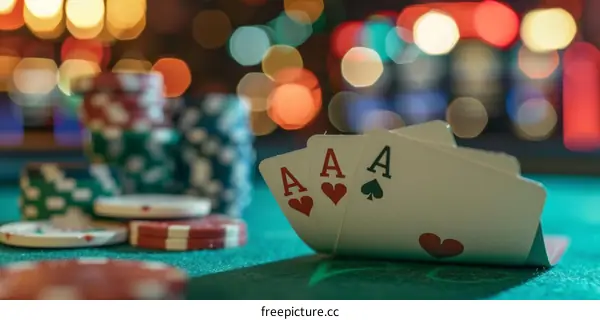 Green Casino Table with Three Aces Playing Cards
