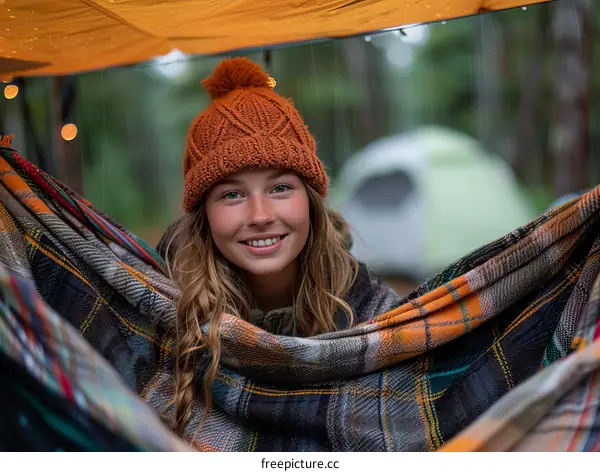 Young woman smiling while sitting in a hammock in the rain