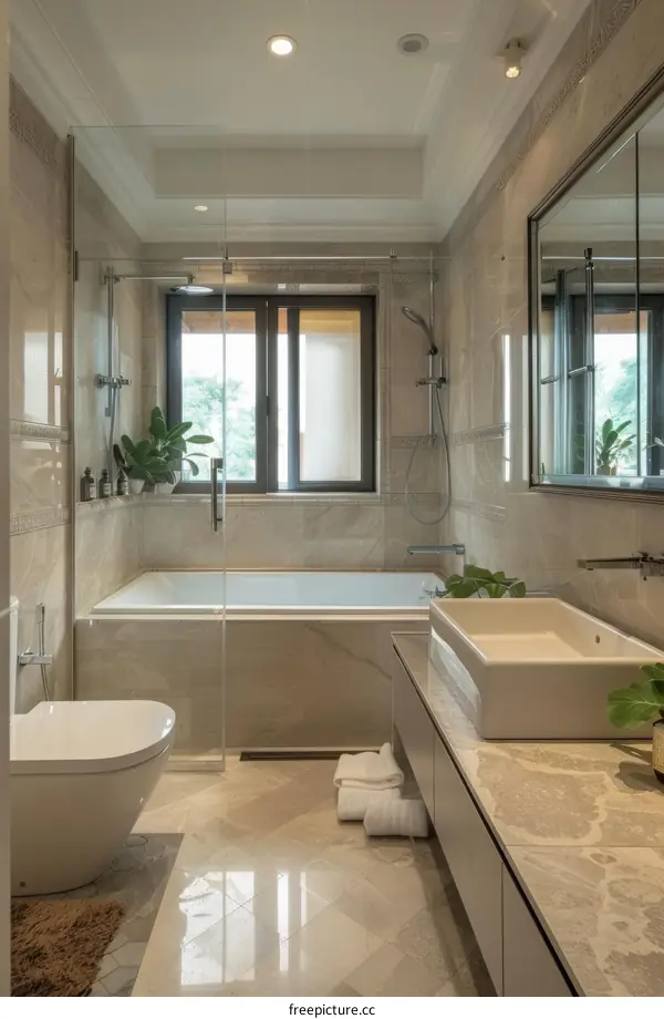 Modern Beige Bathroom with Glass Shower Enclosure