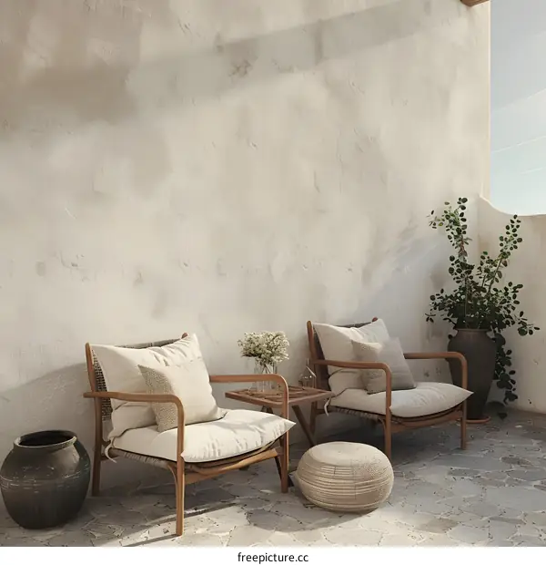 Minimalist Patio Design with Two Chairs and a Pouf