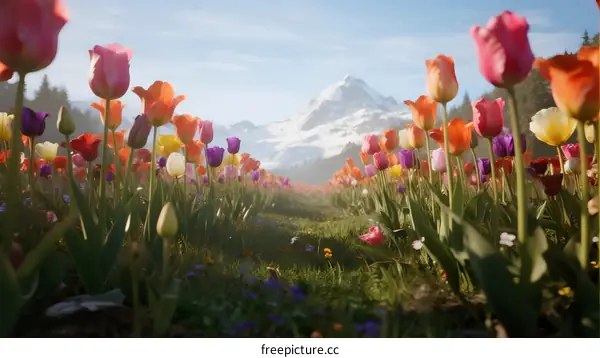 Vibrant tulip field with snow-capped mountain backdrop