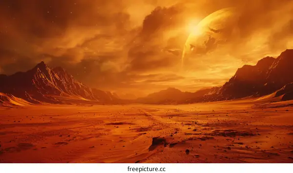 Barren Desert Planet Surrounded by Red Giant Star