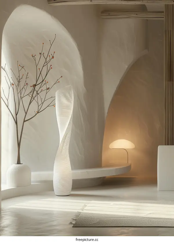 Soft light and shadow create a peaceful and serene atmosphere