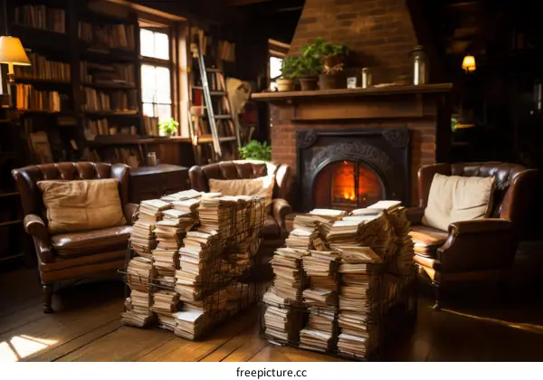 A cozy library with a fireplace and two armchairs