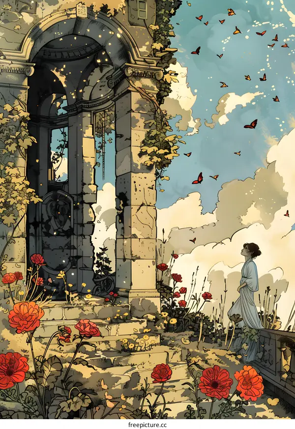 Woman Standing Near Ruins With Flowers and Butterflies