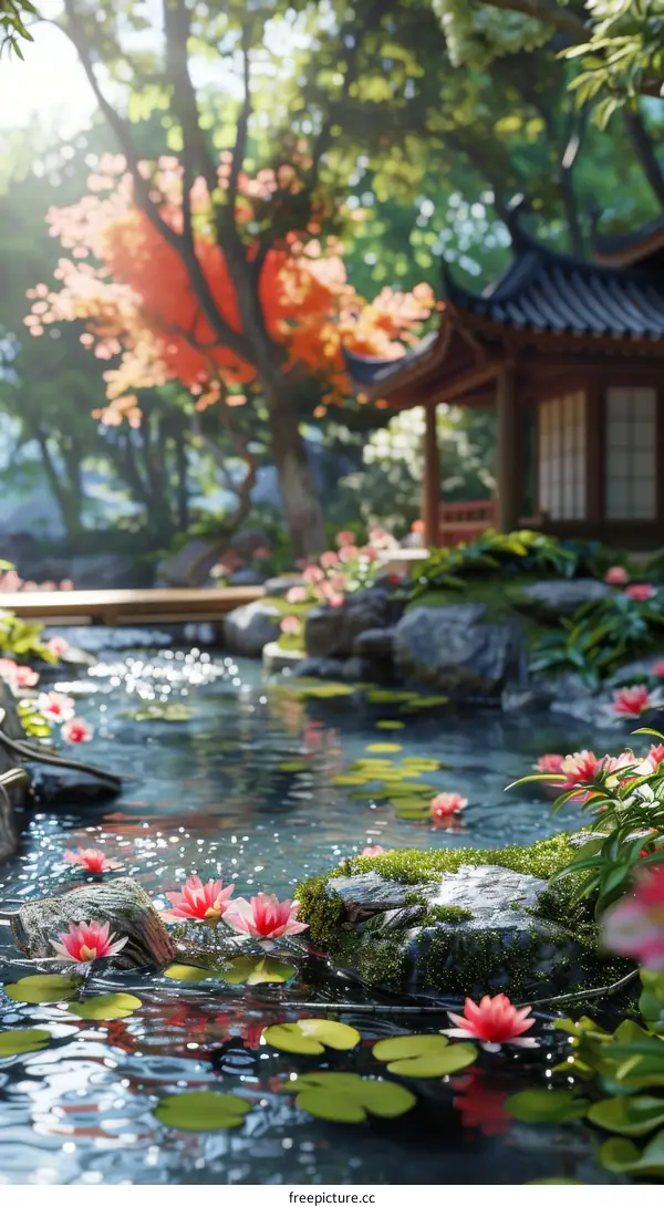Water lilies and red maple trees blooming in a pond