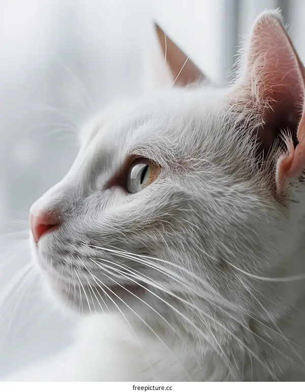 A white cat is looking out the window