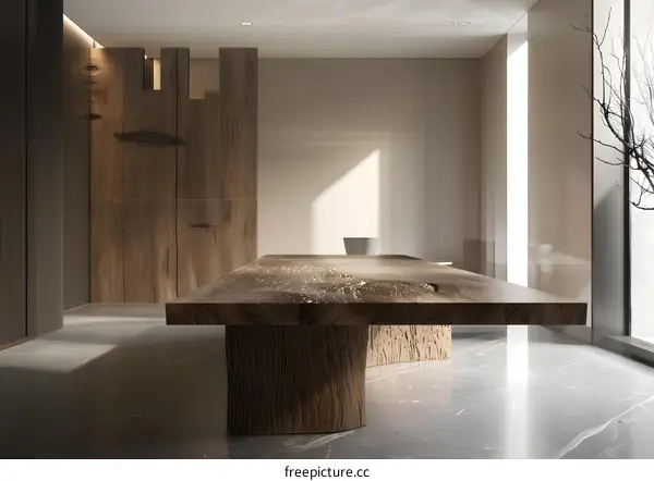 Modern Minimalist Interior Design with Wooden Table and Sunbeams