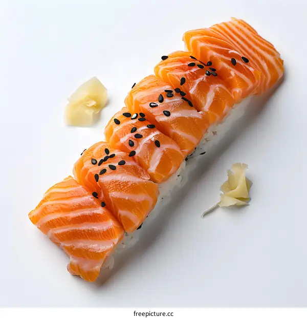 Salmon nigiri sushi with sesame seeds and ginger