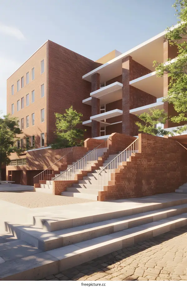 Brick Building with Stairs and Trees