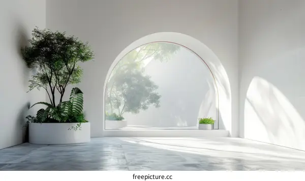 Spacious Empty Room with Arched Windows and Trees